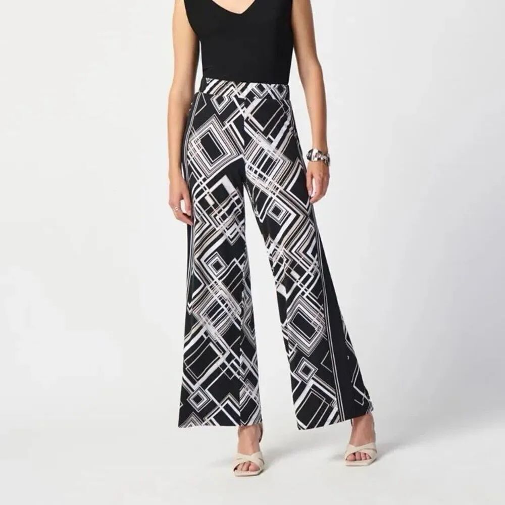 Joseph Ribkoff Geometric Print Wide Leg Pull-on Pants Black White Small